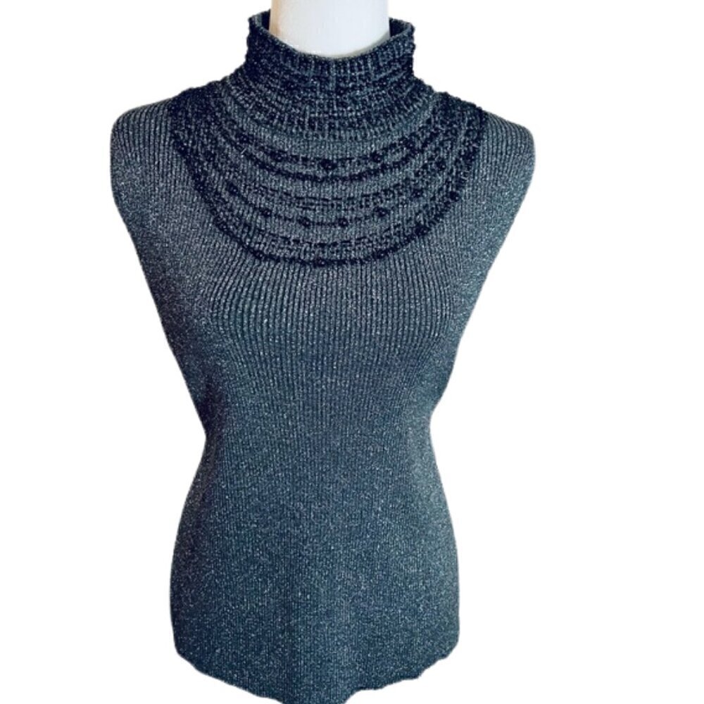 Vintage Ribbed Mock Neck Silk Blend Beaded Tank Top - Black & Silver Metallic XL